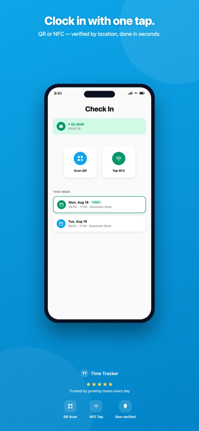 Check In screen: on-shift timer, Scan QR and Tap NFC buttons, this week's shifts