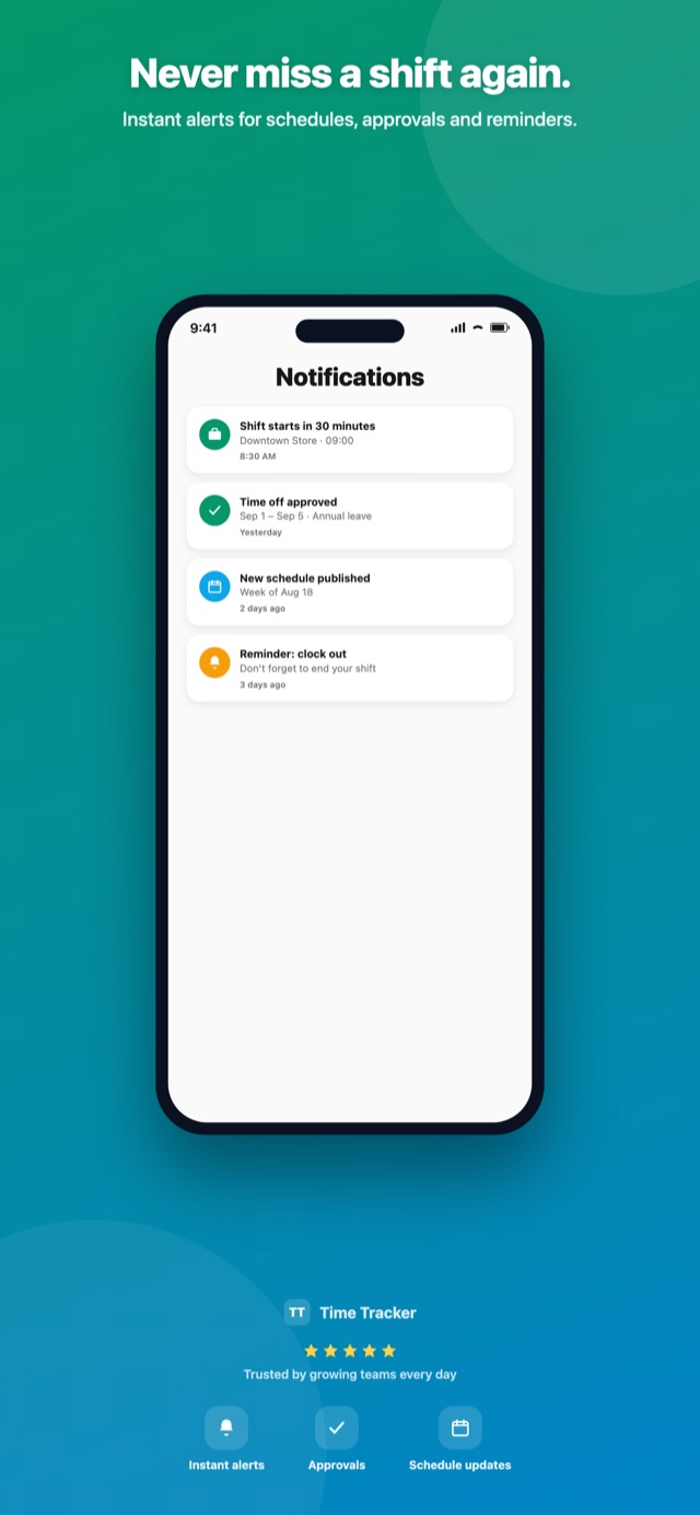 Notifications screen with approvals, reminders and schedule updates